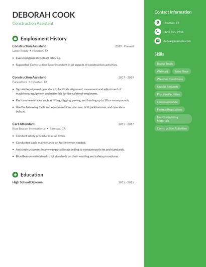 Construction Assistant Resume