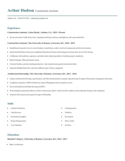 Construction Assistant Resume