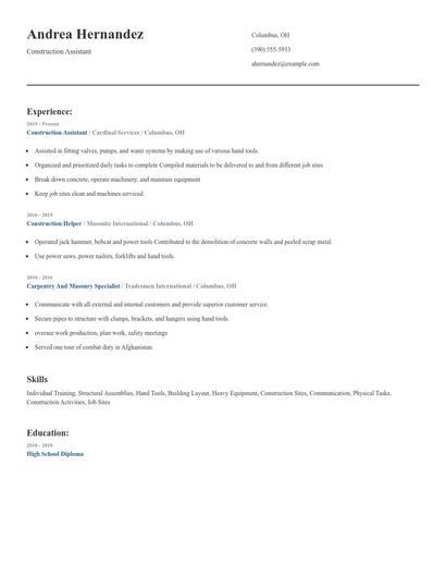 Construction Assistant Resume