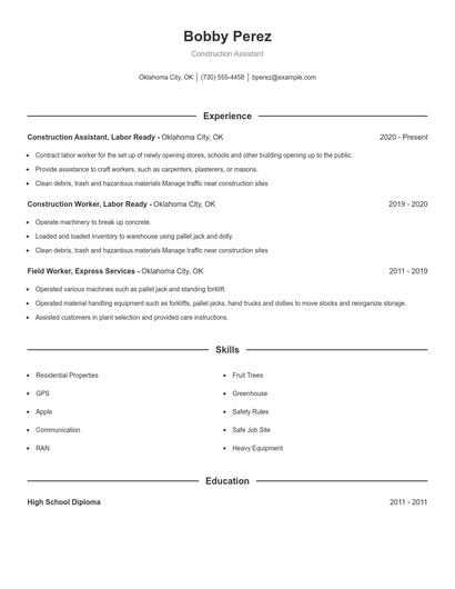 Construction Assistant Resume