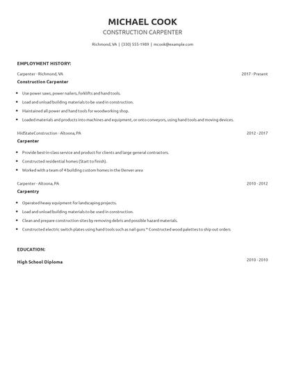 Construction Carpenter Resume