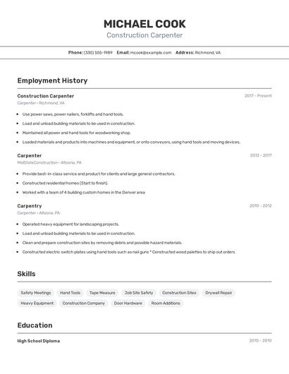 Construction Carpenter Resume