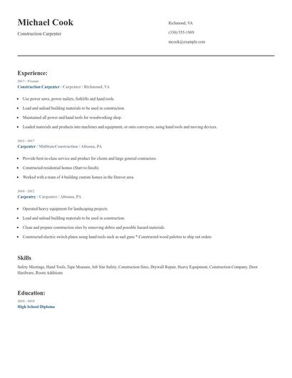 Construction Carpenter Resume
