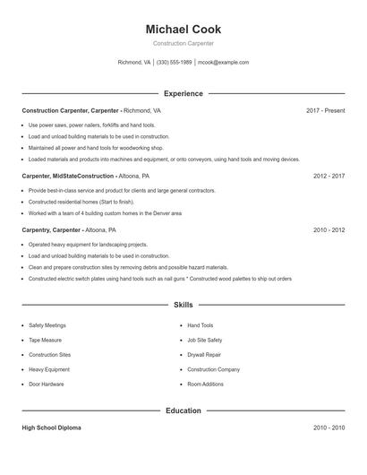 Construction Carpenter Resume