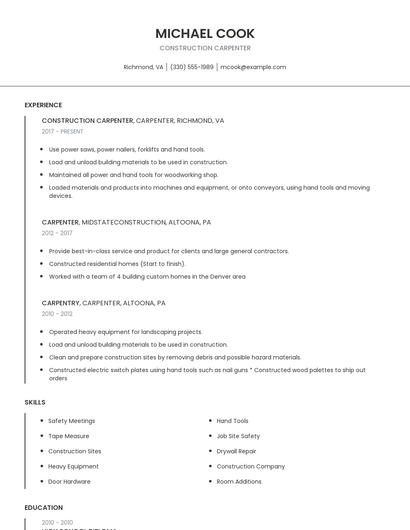 Construction Carpenter Resume