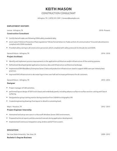 Construction Consultant Resume