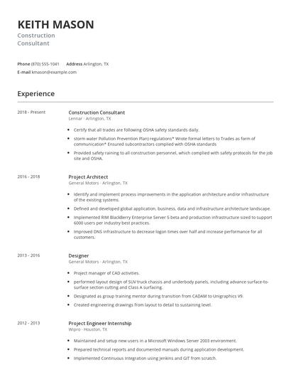 Construction Consultant Resume