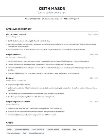 Construction Consultant Resume