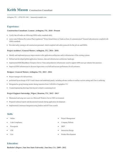 Construction Consultant Resume