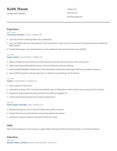Construction Consultant Resume