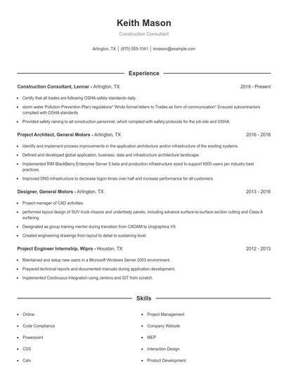 Construction Consultant Resume