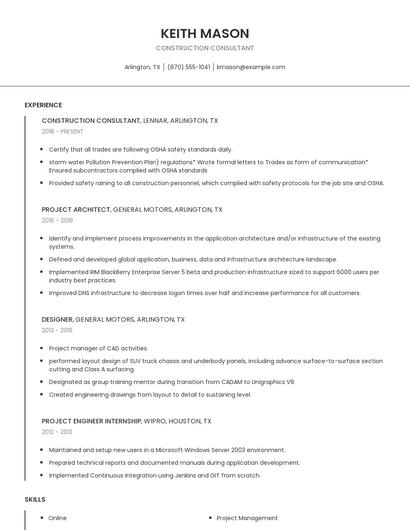 Construction Consultant Resume