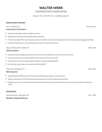 Construction Coordinator Resume