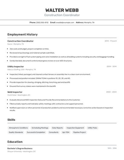 Construction Coordinator Resume