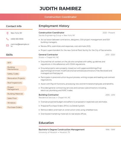 Construction Coordinator Resume