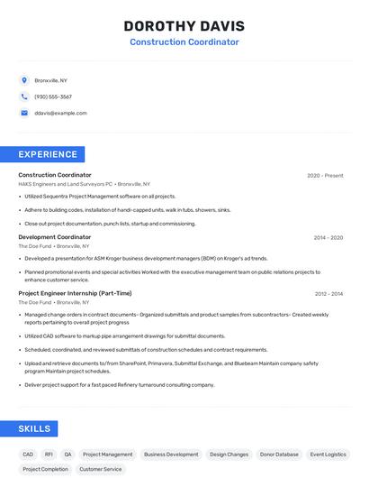 Construction Coordinator Resume