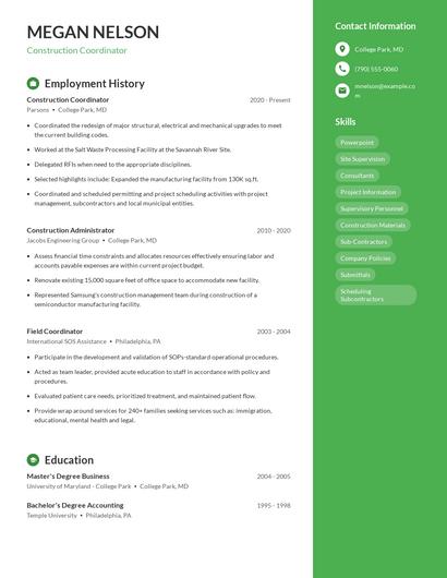 Construction Coordinator Resume