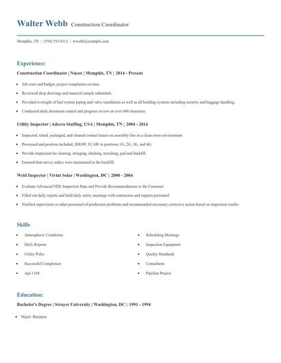 Construction Coordinator Resume