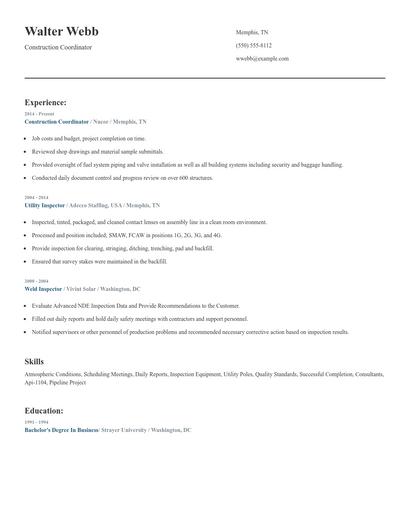 Construction Coordinator Resume