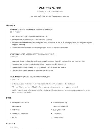 Construction Coordinator Resume