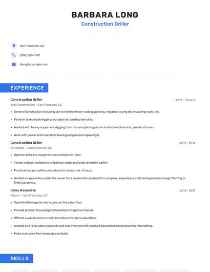 Construction Driller Resume
