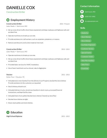 Construction Driller Resume