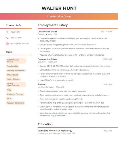 Construction Driver Resume