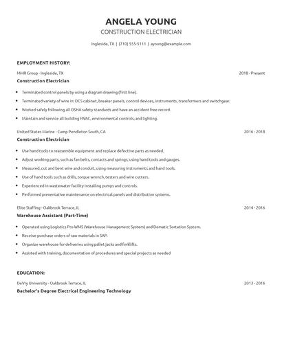 Construction Electrician Resume