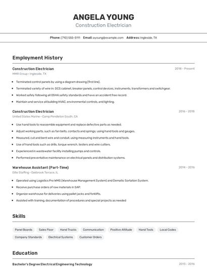 Construction Electrician Resume