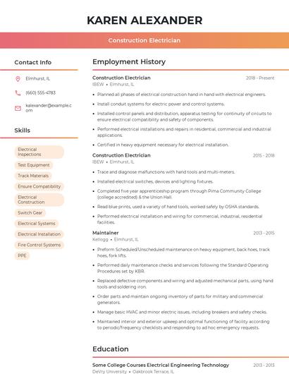 Construction Electrician Resume