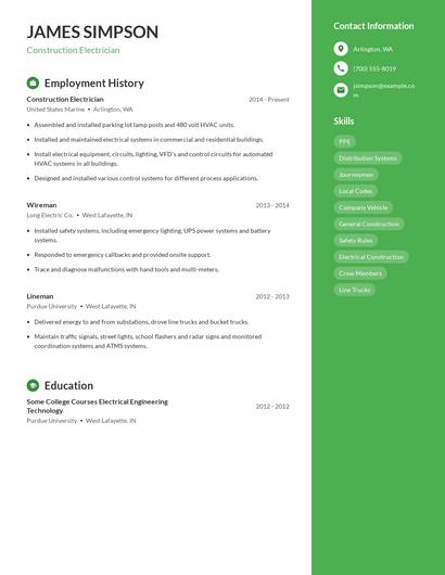 Construction Electrician Resume