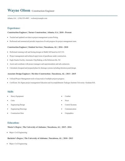 Construction Engineer Resume