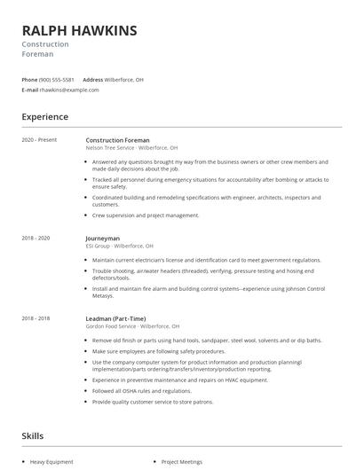 Construction Foreman Resume