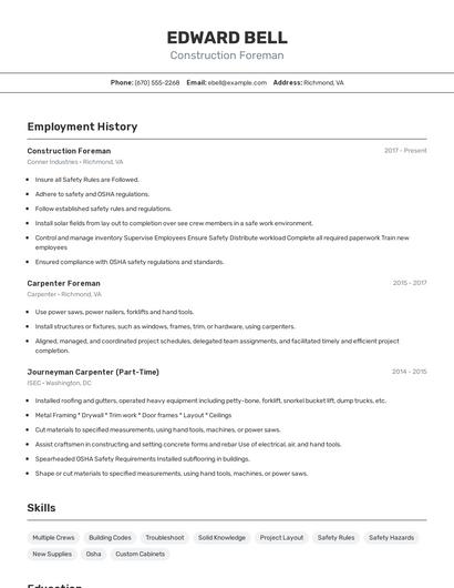 Construction Foreman Resume
