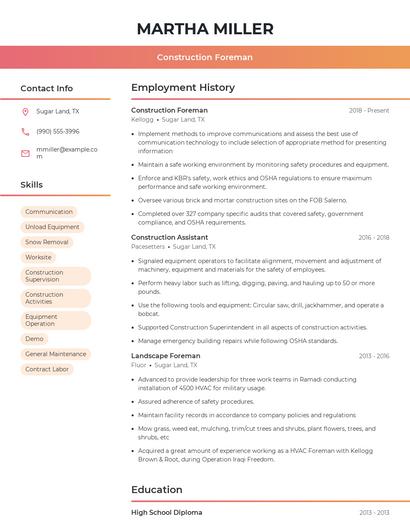 Construction Foreman Resume