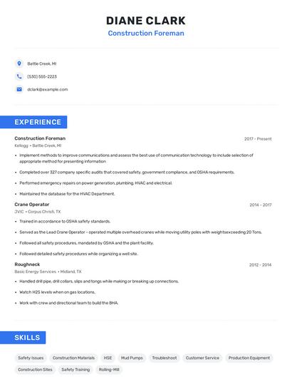 Construction Foreman Resume