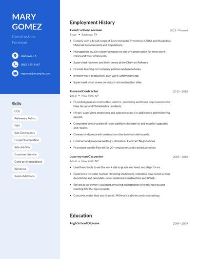 Construction Foreman Resume
