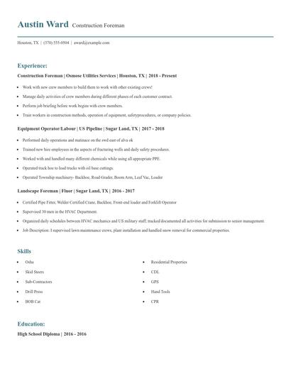 Construction Foreman Resume