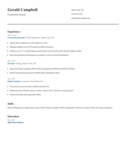 Construction Foreman Resume