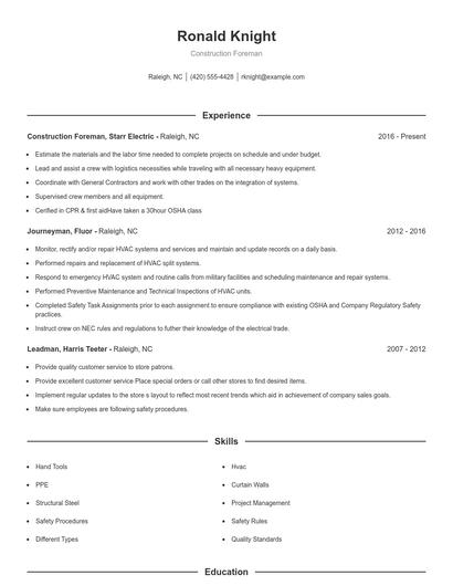 Construction Foreman Resume