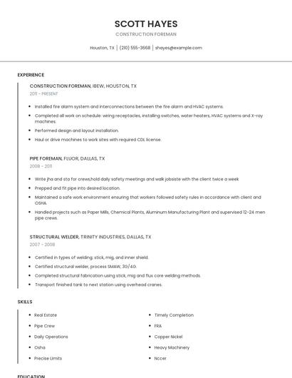 Construction Foreman Resume