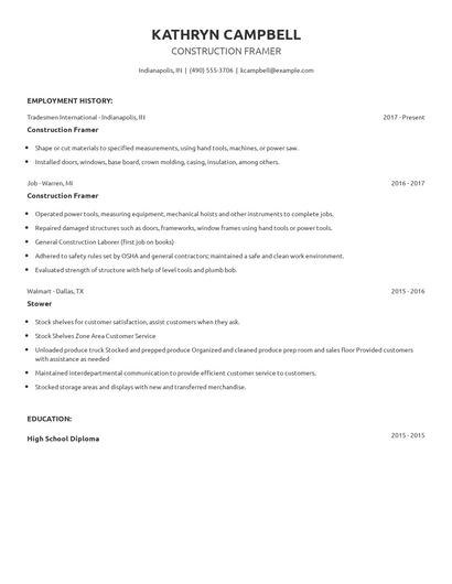 Construction Framer Resume