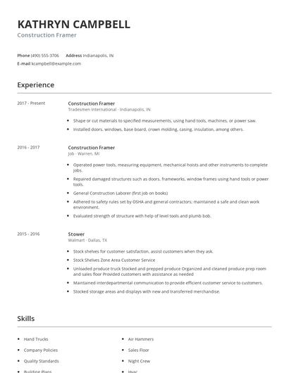 Construction Framer Resume