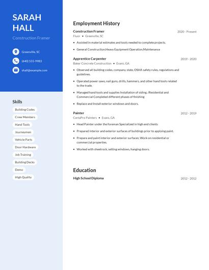 Construction Framer Resume