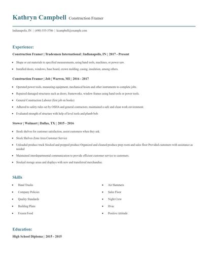 Construction Framer Resume
