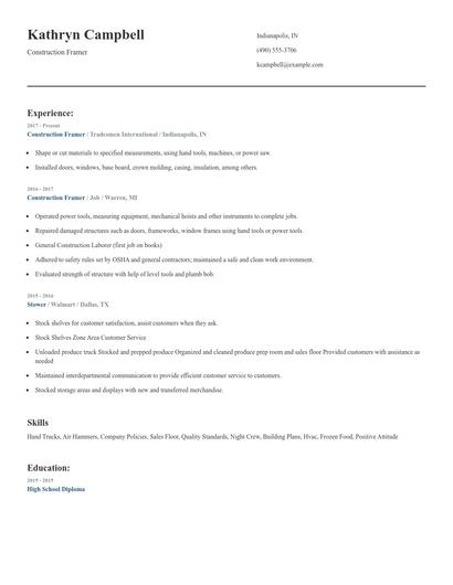 Construction Framer Resume