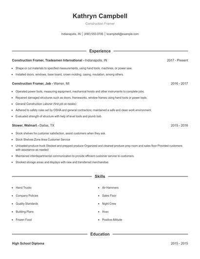 Construction Framer Resume
