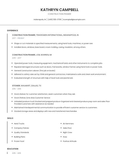 Construction Framer Resume