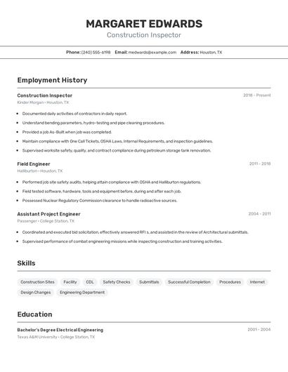 Construction Inspector Resume