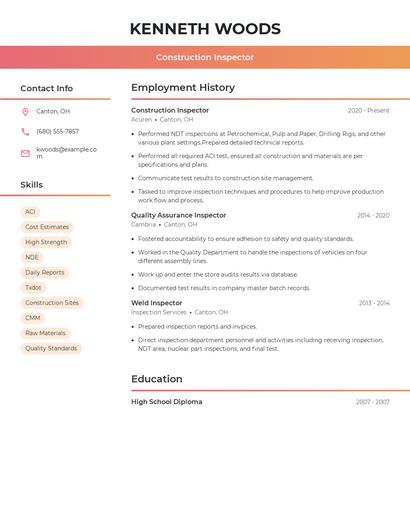 Construction Inspector Resume